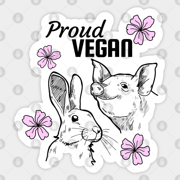 Proud vegan design featuring pig, rabbit and pink flowers Sticker by Purrfect